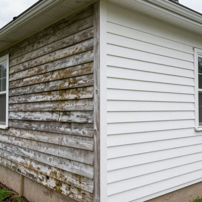 Half-cleaned house siding: one side weathered and dirty, other side white and clean.