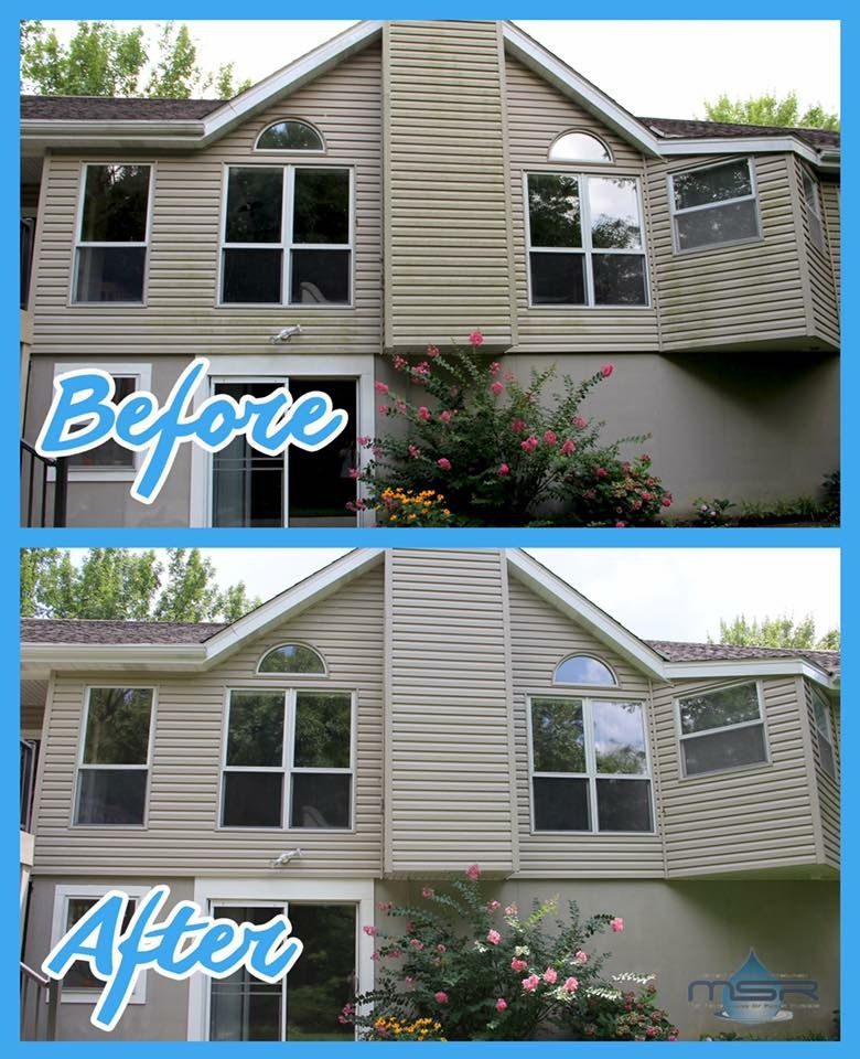 Comparison: Before/After of house exterior cleaning. Beige siding with clean windows.