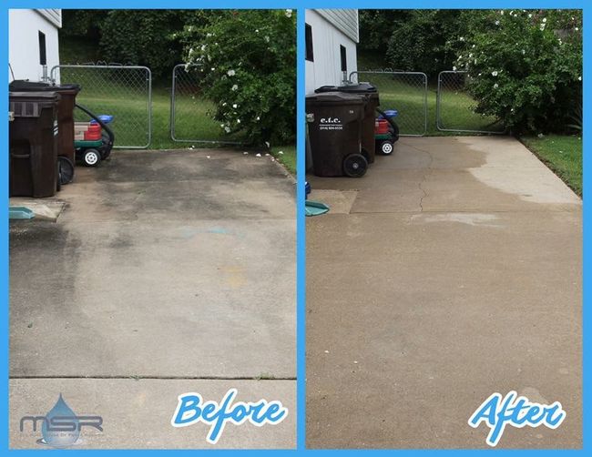 Before-and-after of a concrete driveway; left is dirty, right is clean after pressure washing.