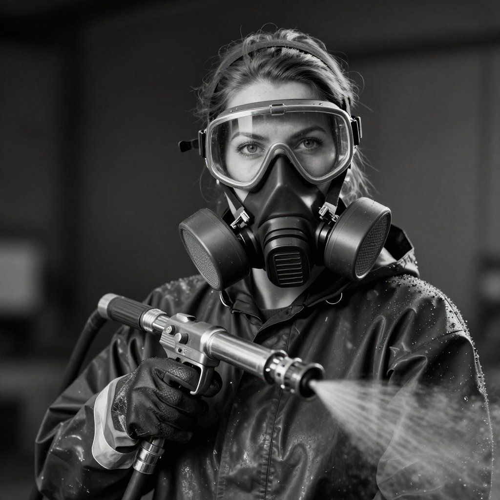 Woman in respirator and protective gear sprays water.
