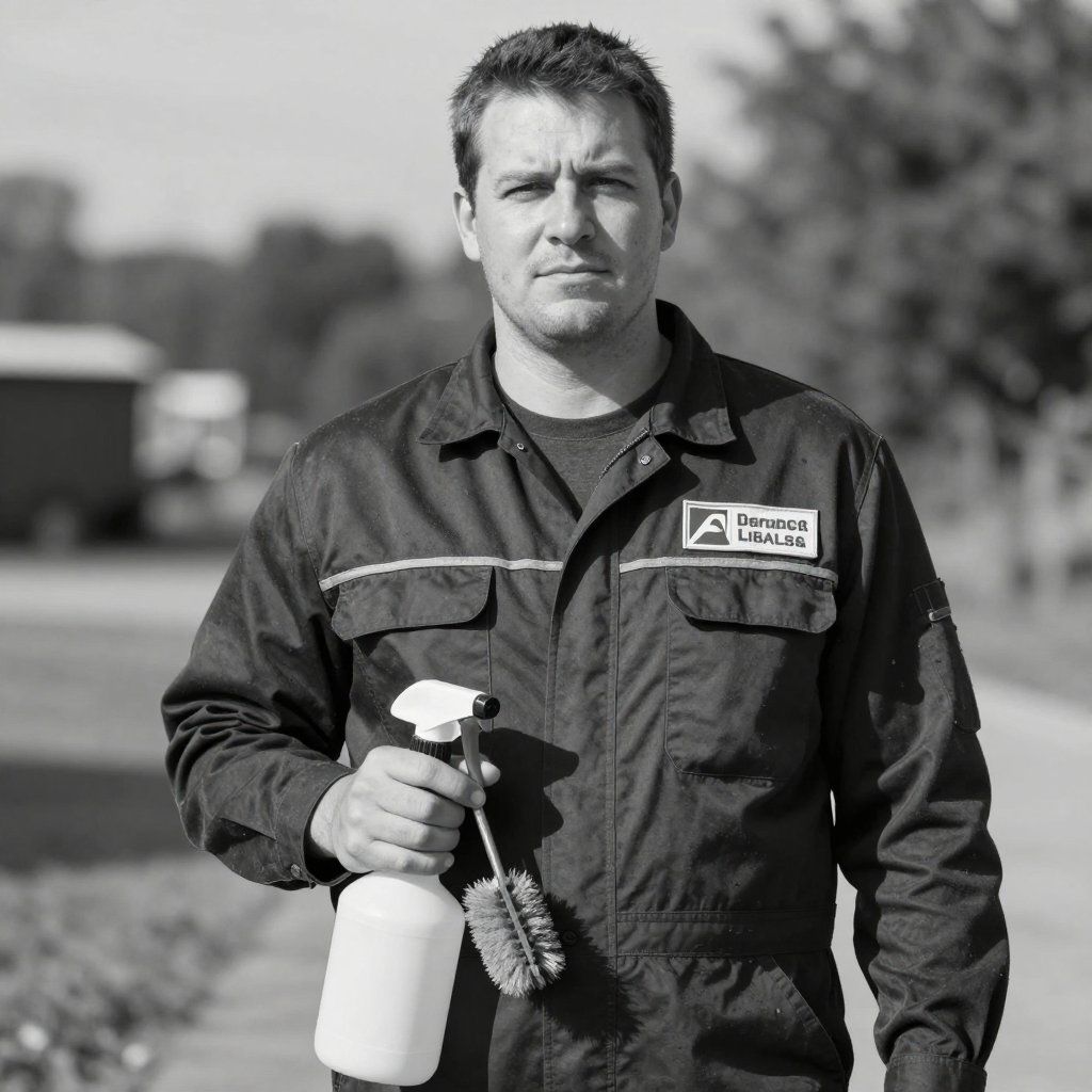 Man in work uniform holding spray bottle and brush outdoors.