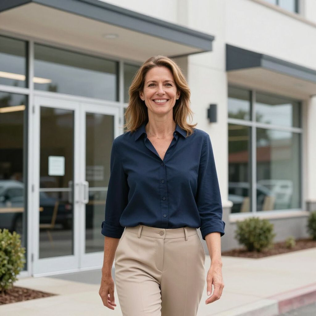 Woman in navy blue shirt and khaki pants walks towards the camera in front of a building.