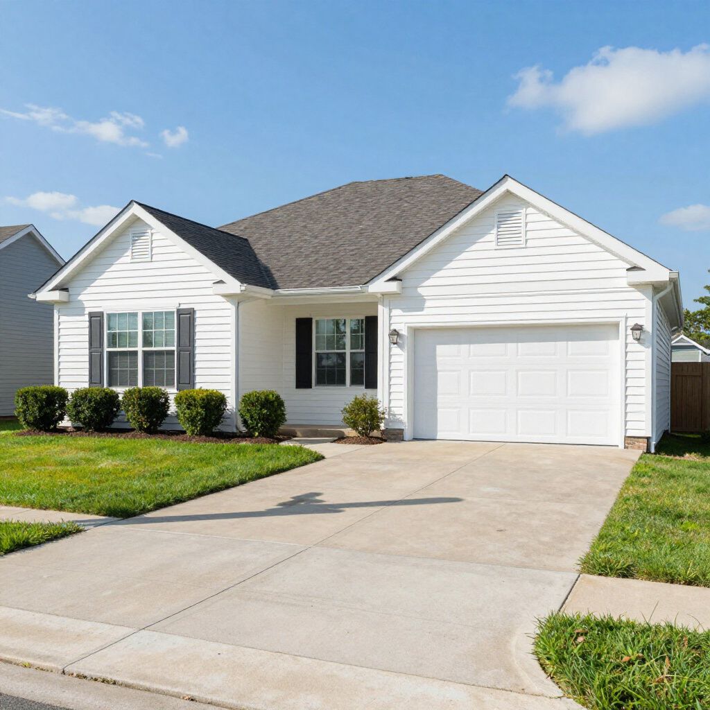 White house with gray roof, front door, garage, and driveway on a sunny day.