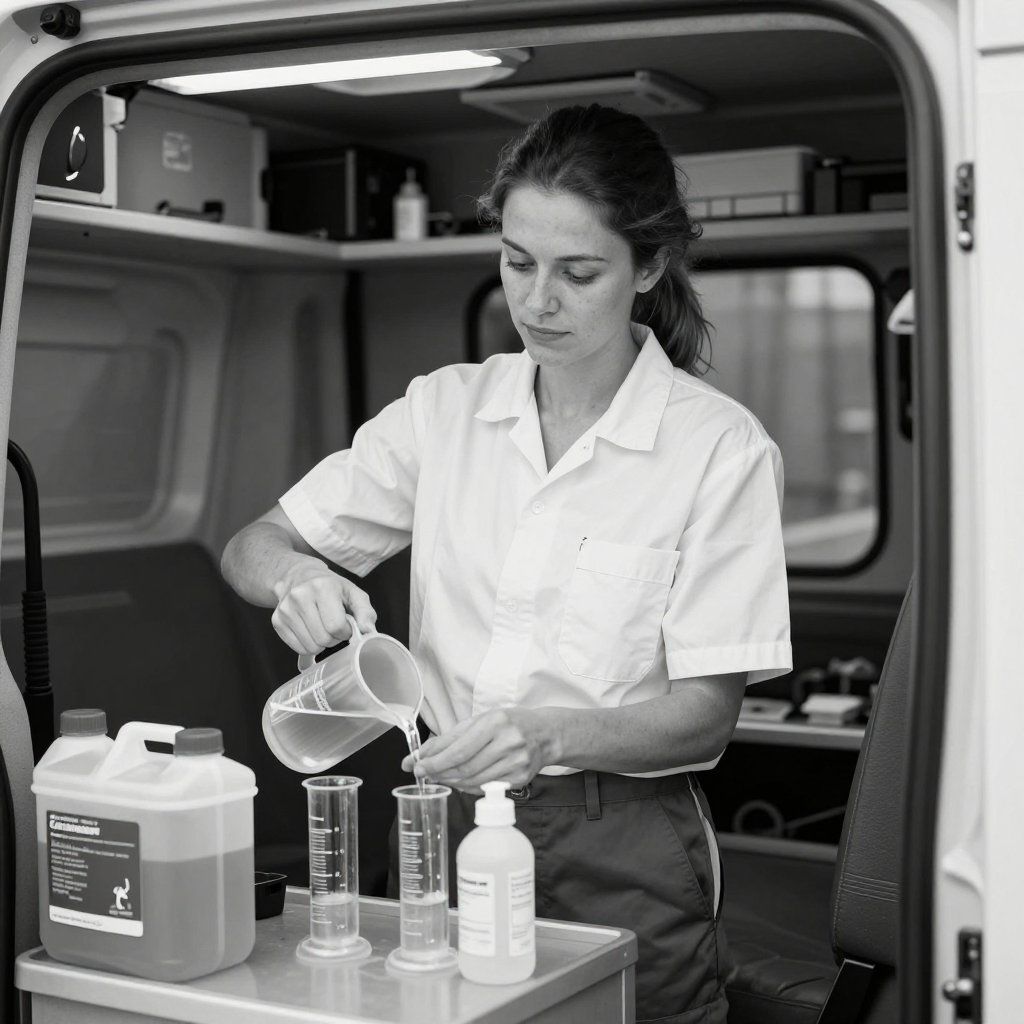 Woman pours liquid from a pitcher into graduated cylinders inside a vehicle.