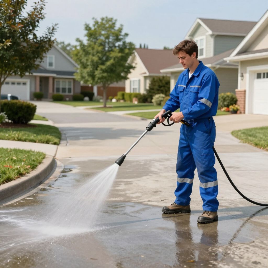 Man in blue coveralls pressure washing a driveway in a suburban neighborhood.