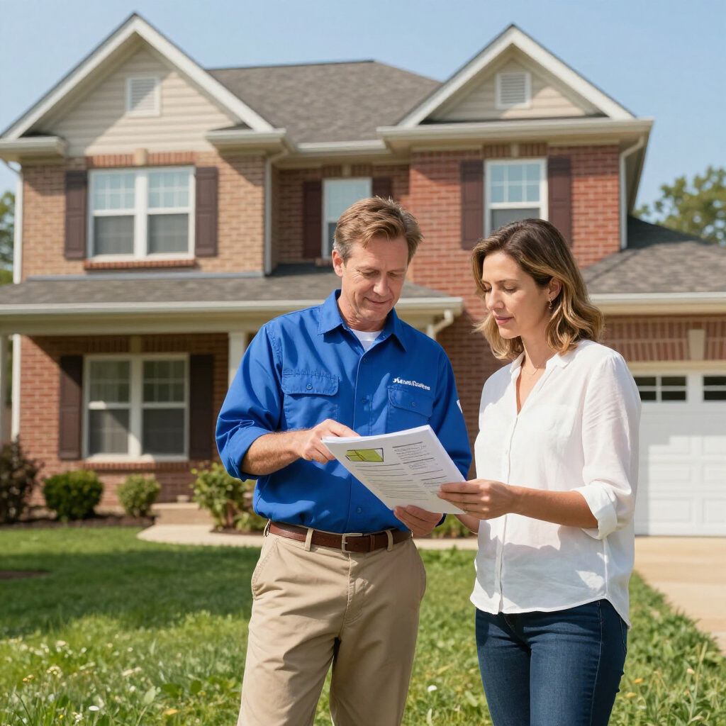 Man in blue shirt and woman in white shirt reviewing paperwork in front of a house.