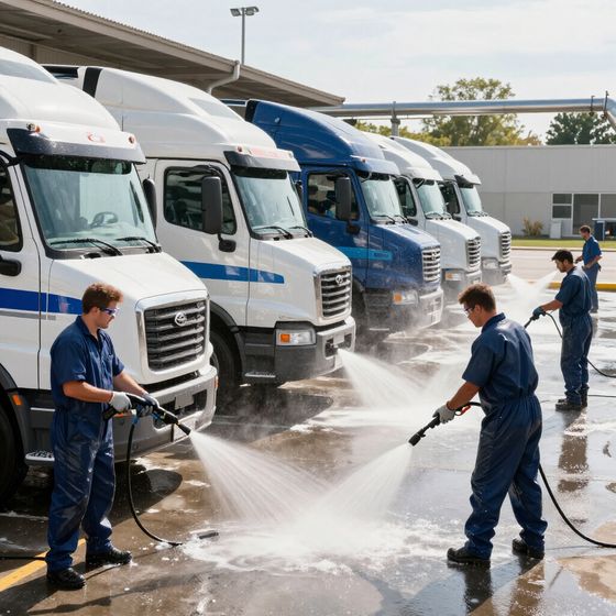 Workers in blue coveralls washing a line of semi-trucks with pressure washers outdoors.