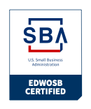 SBA EDWOSB Certified badge: blue and white text, red underline.