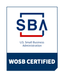 SBA WOSB certified logo: Blue square with “SBA” over a red line, “U.S. Small Business Administration”.  “WOSB Certified” below.