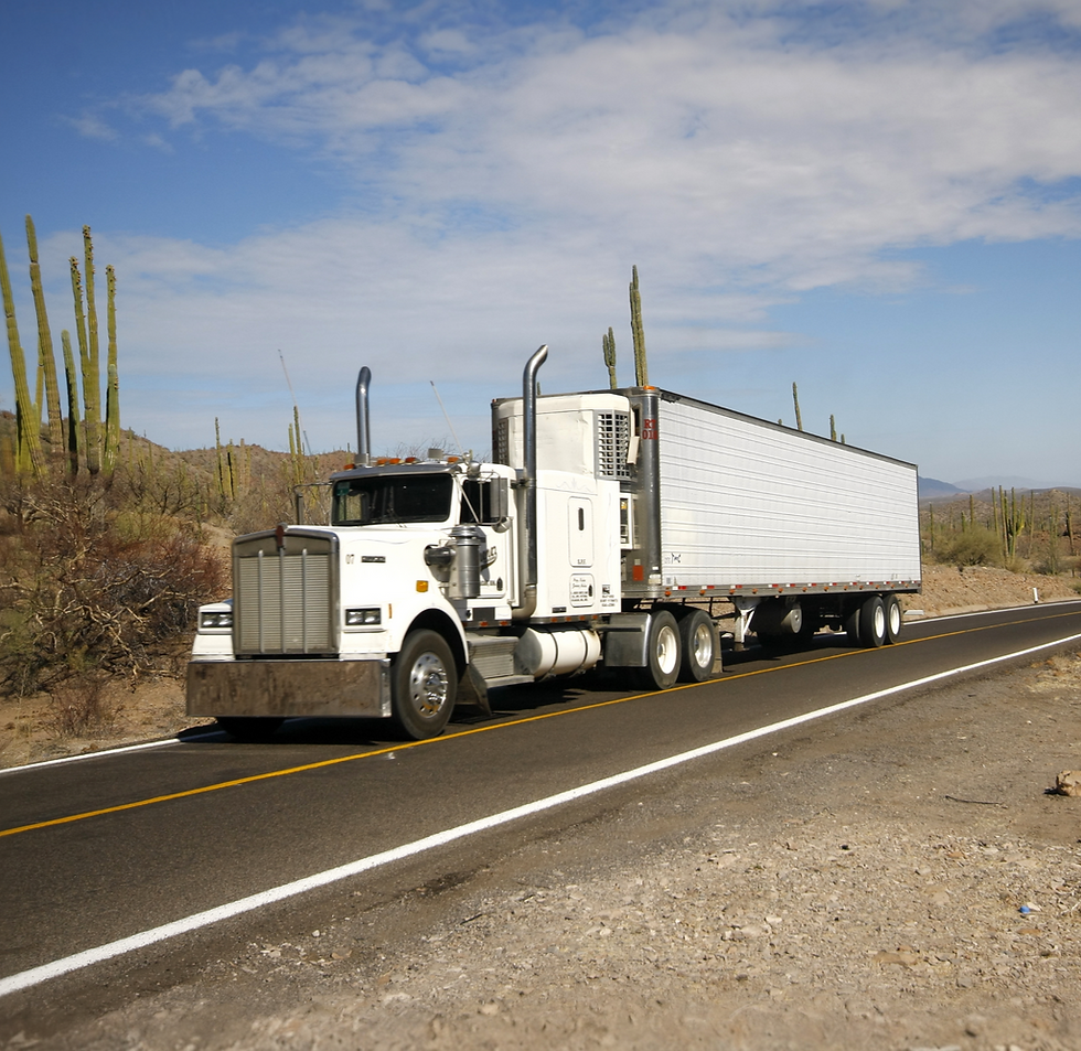 White semi-truck hauling a long trailer on a desert highway under a blue sky.