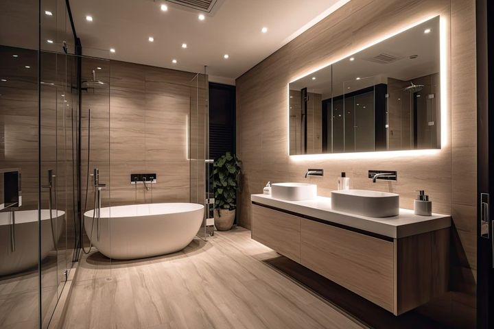 A sleek light brown open-concept bathroom with backlit mirror, standalone tub, and multiple canned lights