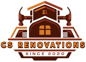 Logo for CS Renovations: brown house silhouette with hammers, text 