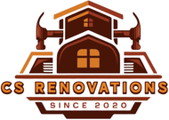 Logo for CS Renovations: a house outline with hammers, in shades of brown and orange; 