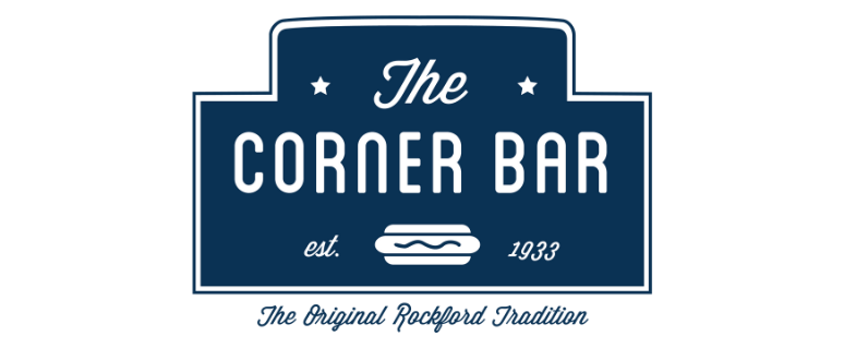 Logo for The Corner Bar, a restaurant. Dark blue sign with white lettering. Includes a hot dog illustration and text about Rockford tradition.