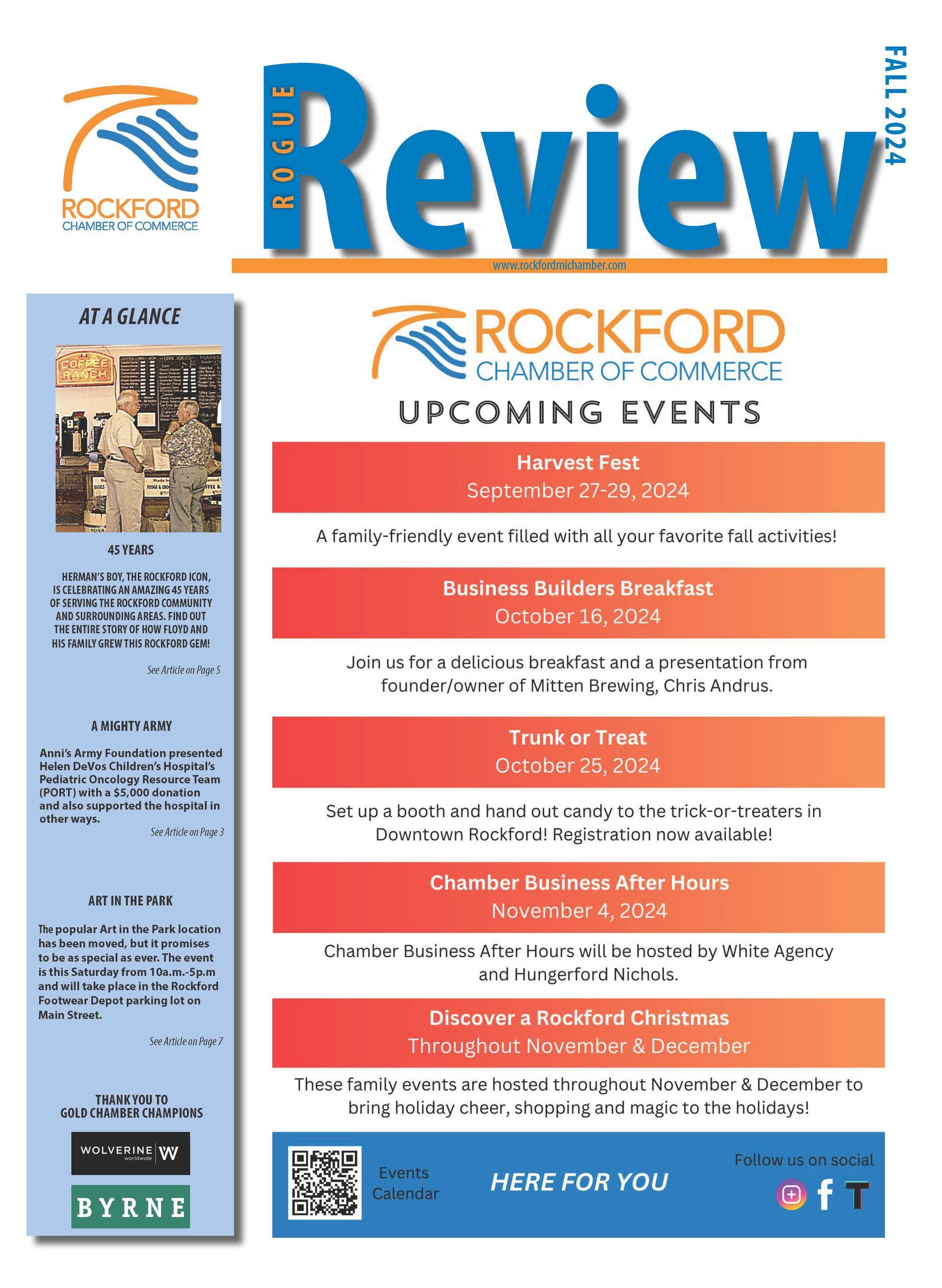 Rockford Review cover: Upcoming Chamber events listed against a colorful background.
