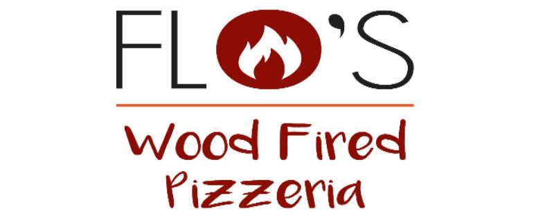 Logo for Flo's Wood Fired Pizzeria: black text, red circle with flame, brown underline, and maroon script.