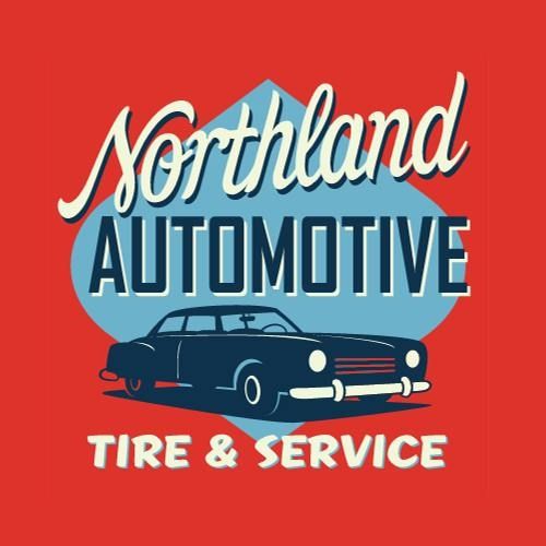 Northland Automotive logo: Retro design with a classic car illustration, blue diamond backdrop, red background.