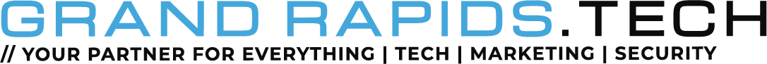 Logo for Grand Rapids Tech: blue text with