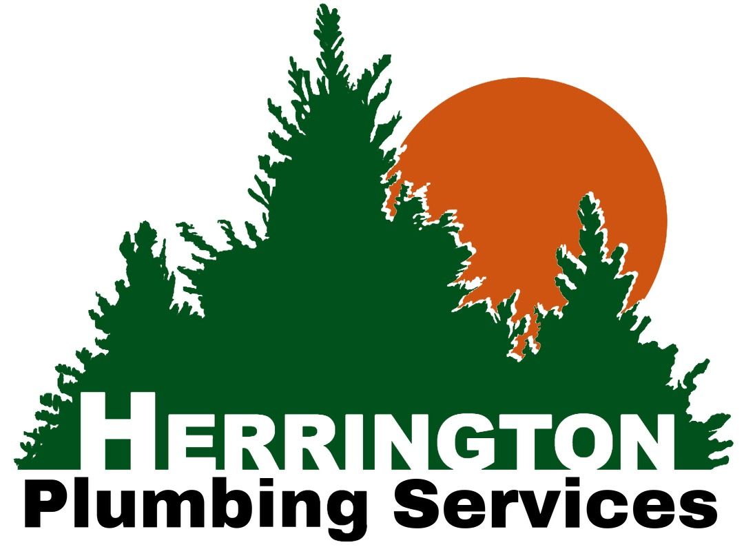 Herrington Plumbing Services logo: green trees, orange sun, white and black text.