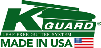 K Guard leaf free gutter system logo with green text and American flag.