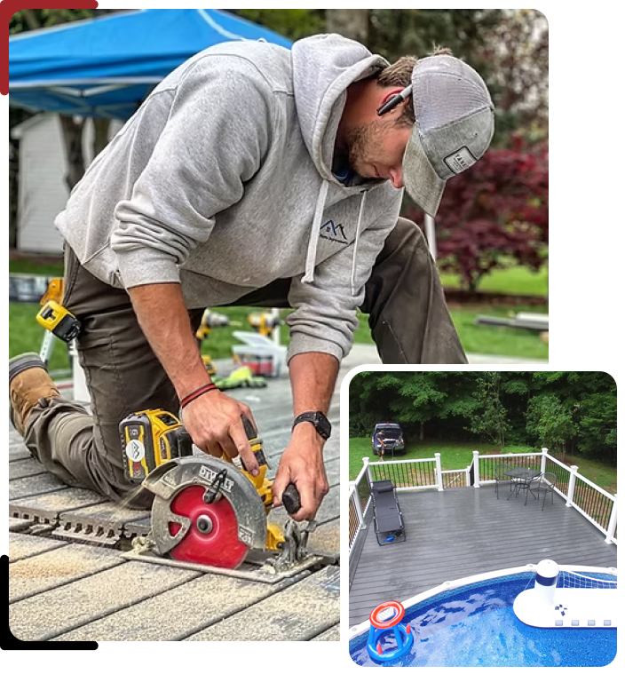 A man is using a circular saw on a deck next to a pool.