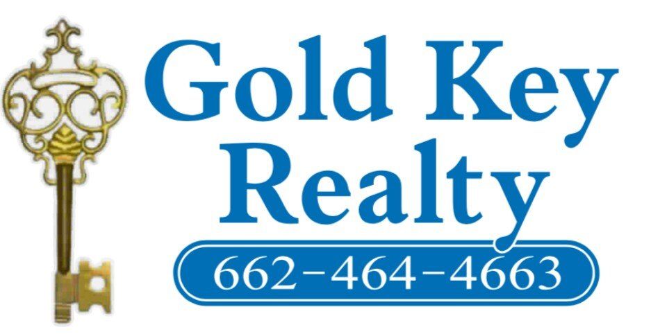 The logo for gold key realty has a gold key on it