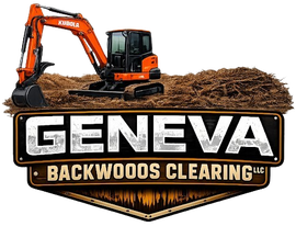 Logo for Geneva Backwoods Clearing LLC featuring an orange excavator on a pile of dirt above stylized text.