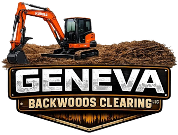Logo for Geneva Backwoods Clearing LLC featuring an orange excavator on a pile of dirt above stylized text.
