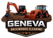 Logo for Geneva Backwoods Clearing LLC featuring an orange excavator on a pile of dirt above stylized text.