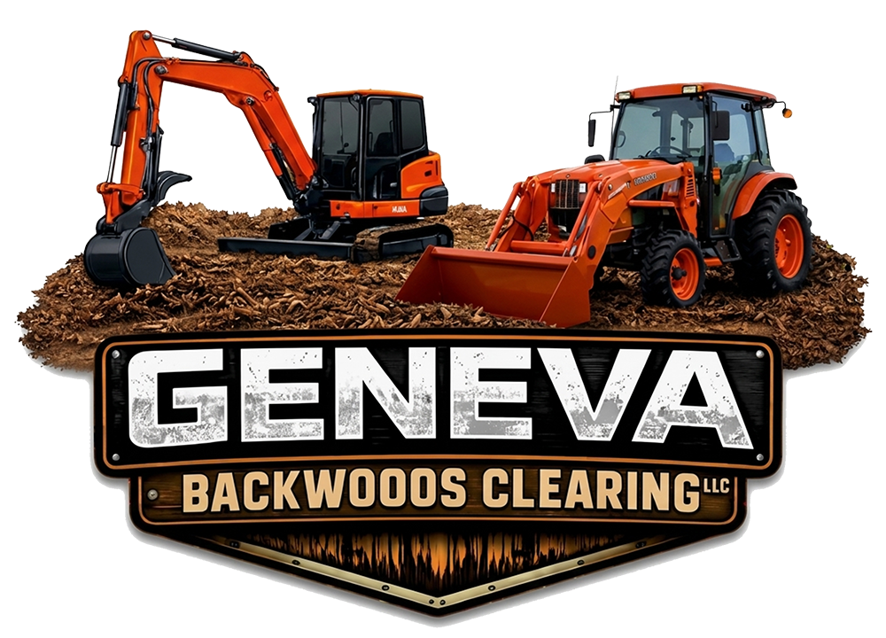 Logo for Geneva Backwoods Clearing LLC featuring an orange excavator on a pile of dirt above stylized text.