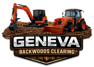 Logo for Geneva Backwoods Clearing LLC featuring an orange excavator on a pile of dirt above stylized text.