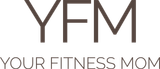 A white logo for yfm your fitness mom