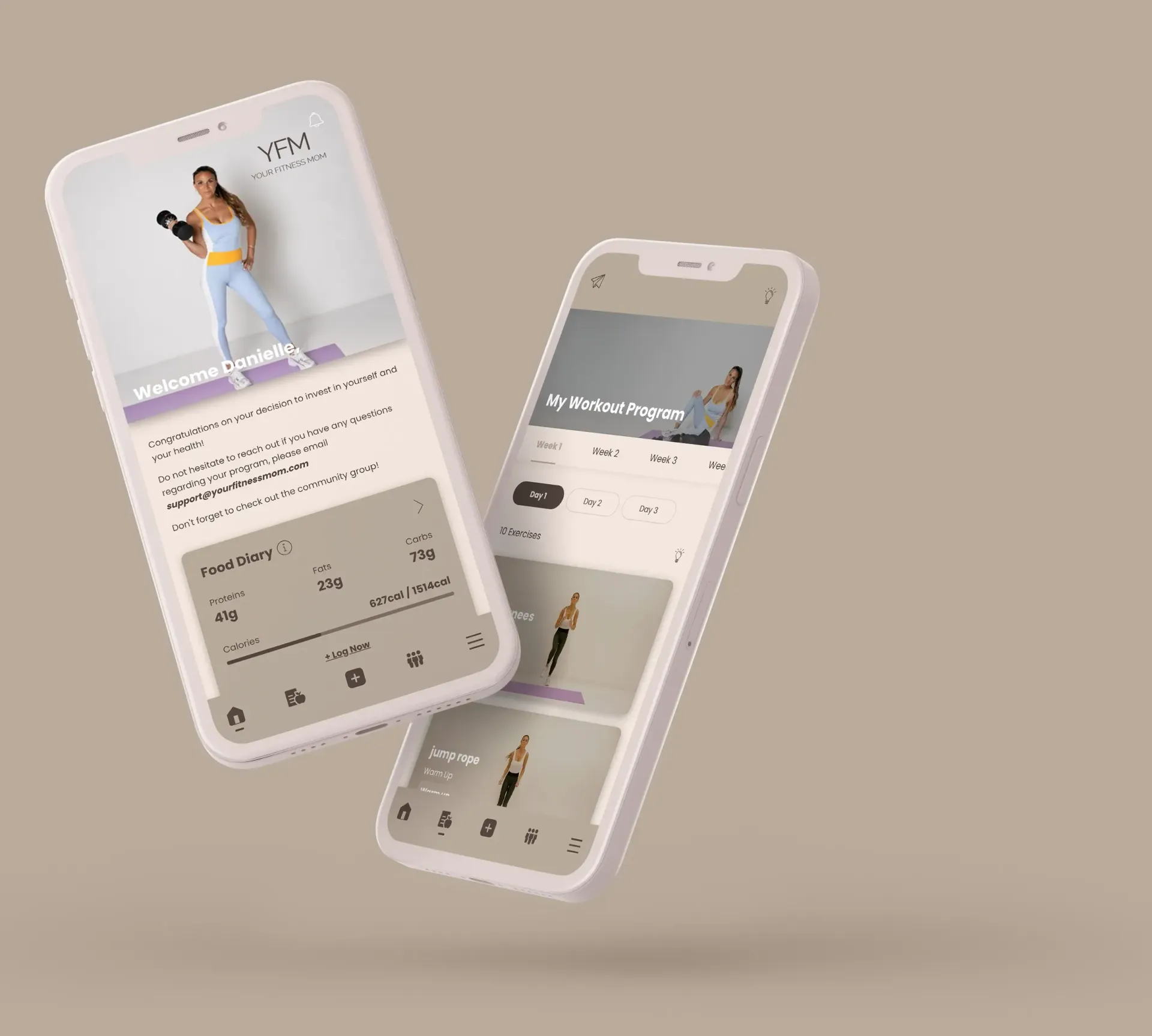 Two phones are floating in the air on a brown background.