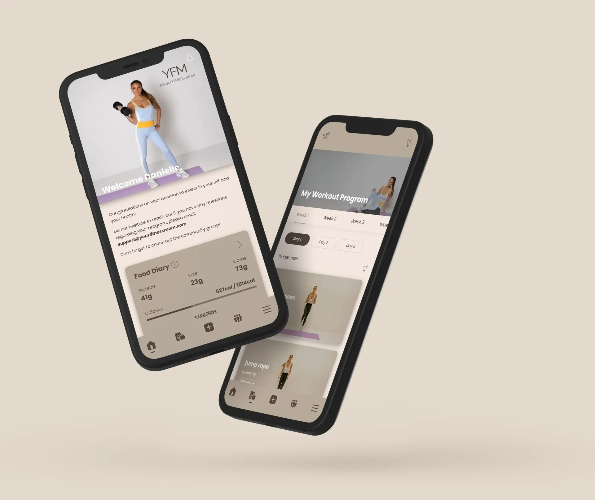 Two phones are floating in the air on a brown background.