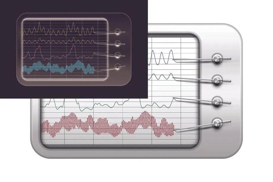 Two oscilloscope screens: one showing a simplified view of signal traces, the other with more complex waveforms.
