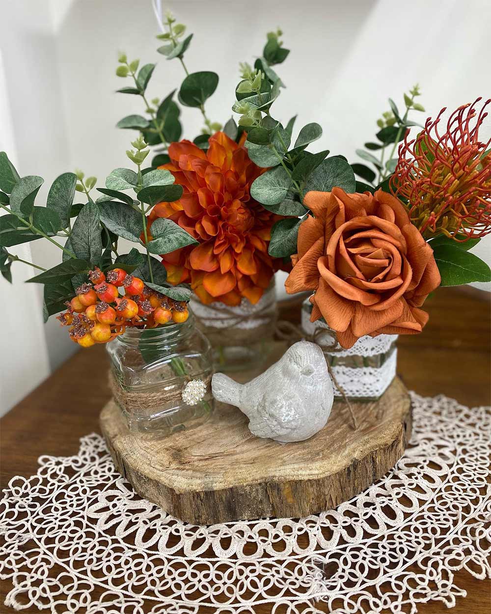 Table Decor With Glass Base Orange Flowers — Vintage La Belle In Mount Hutton NSW