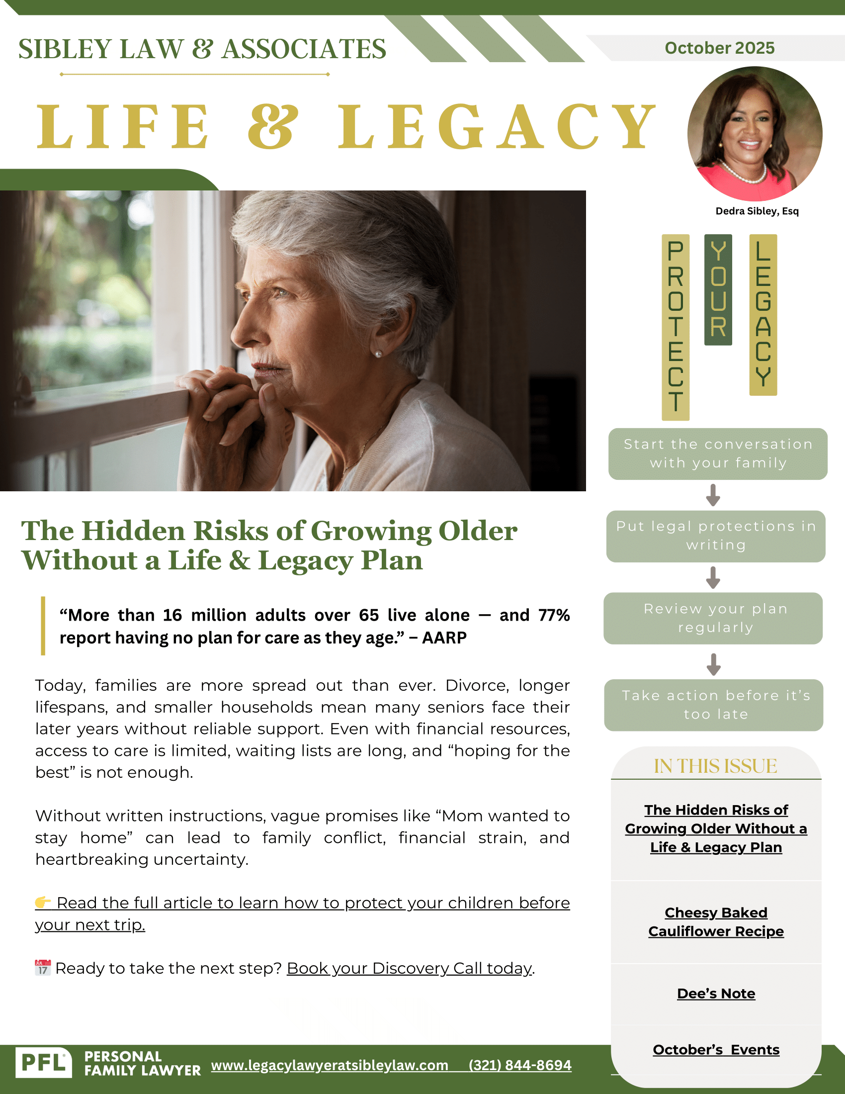 Newsletter: an elderly woman looking out a window, highlighting the hidden risks of not having a life and legacy plan.