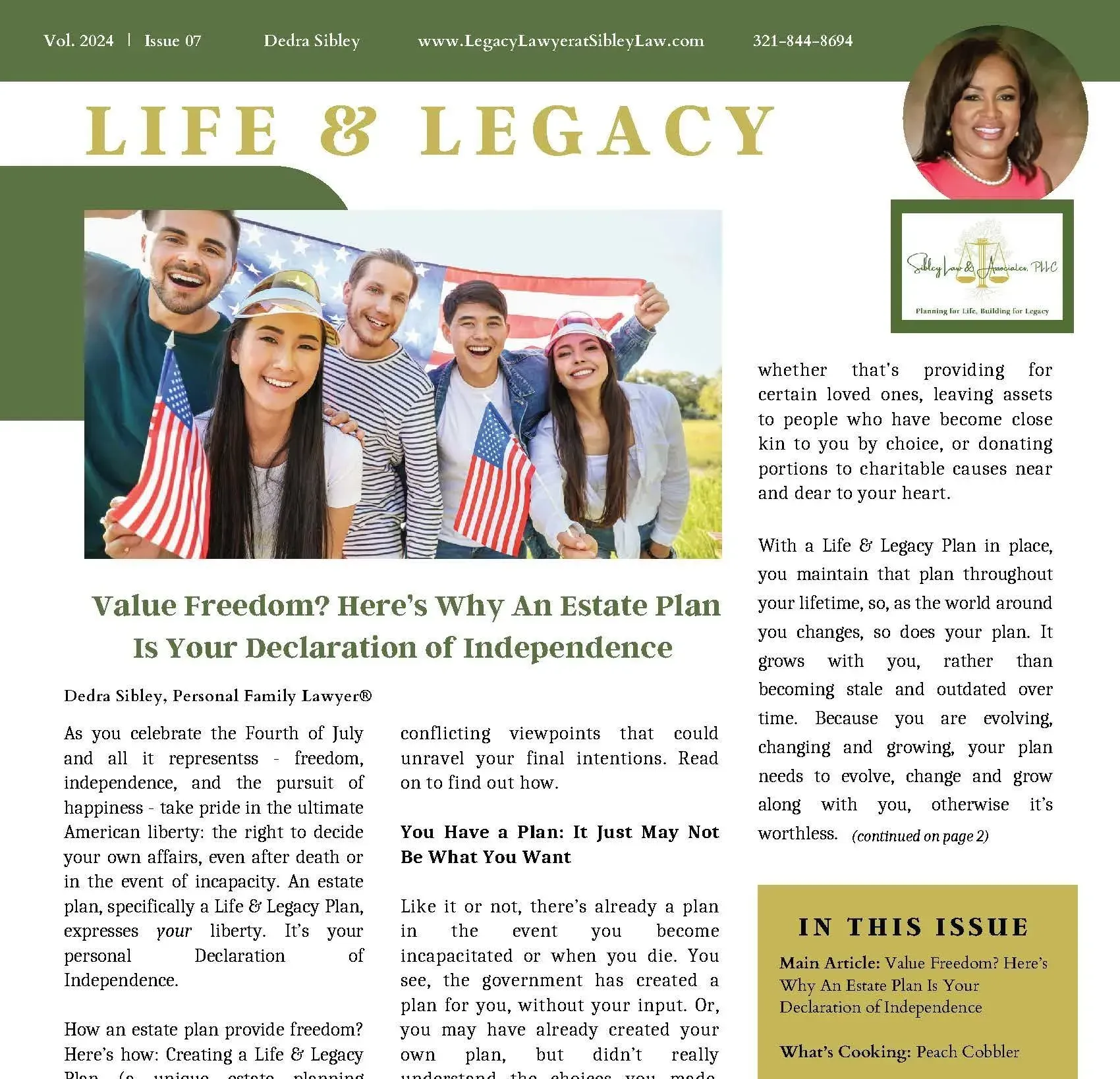 A newspaper article about life and legacy with a picture of people holding american flags