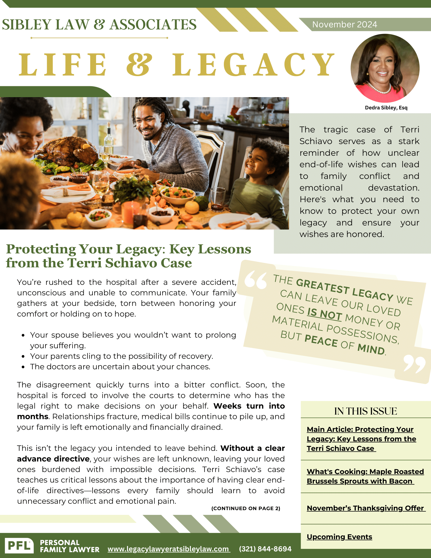 November Newsletter about life and legacy with a picture of a family sitting at a table.