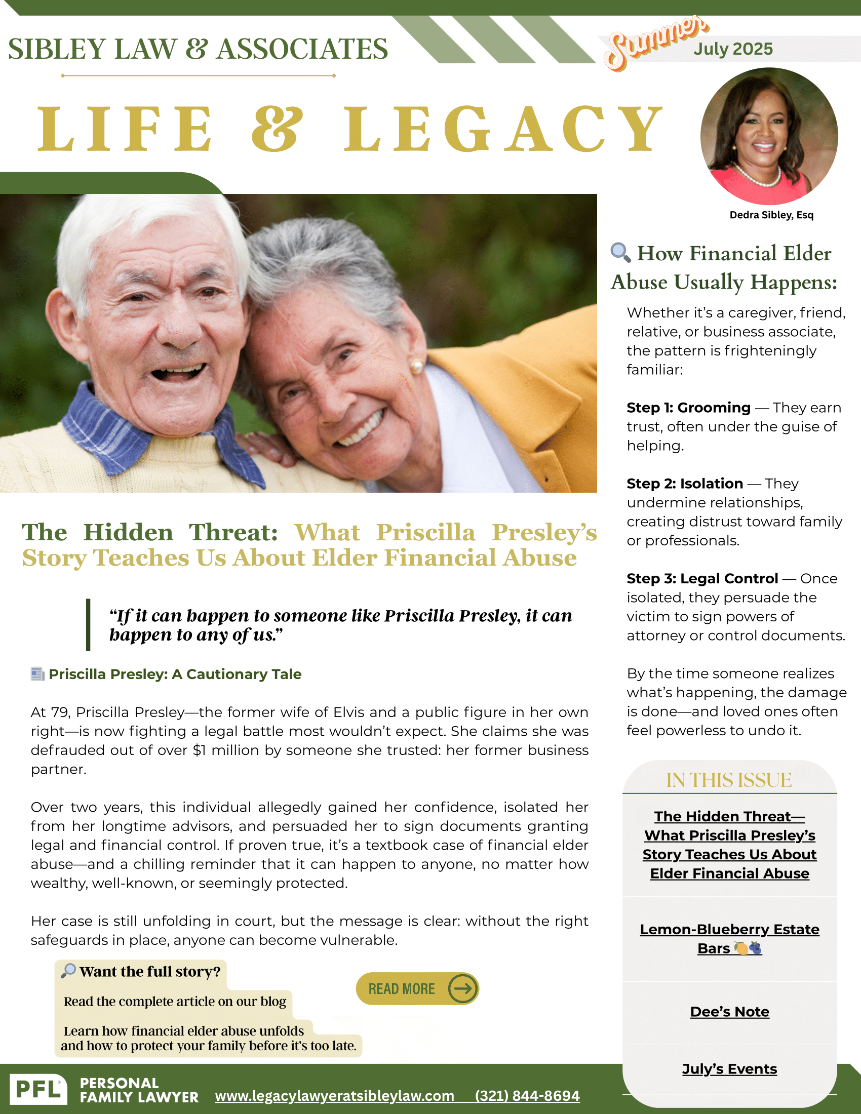 Newsletter: Senior couple, content about elder financial abuse.