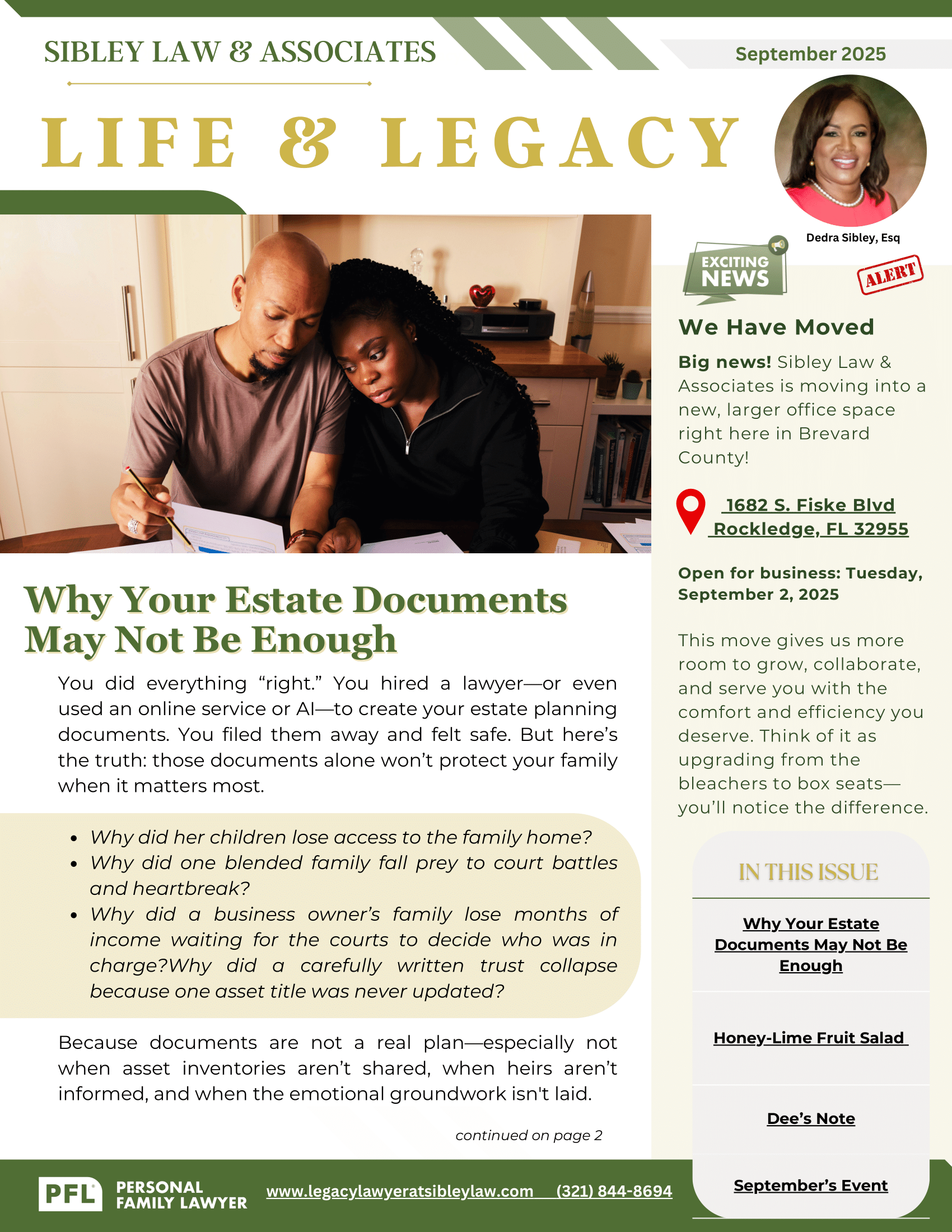 Newsletter with couple reviewing documents, titled 