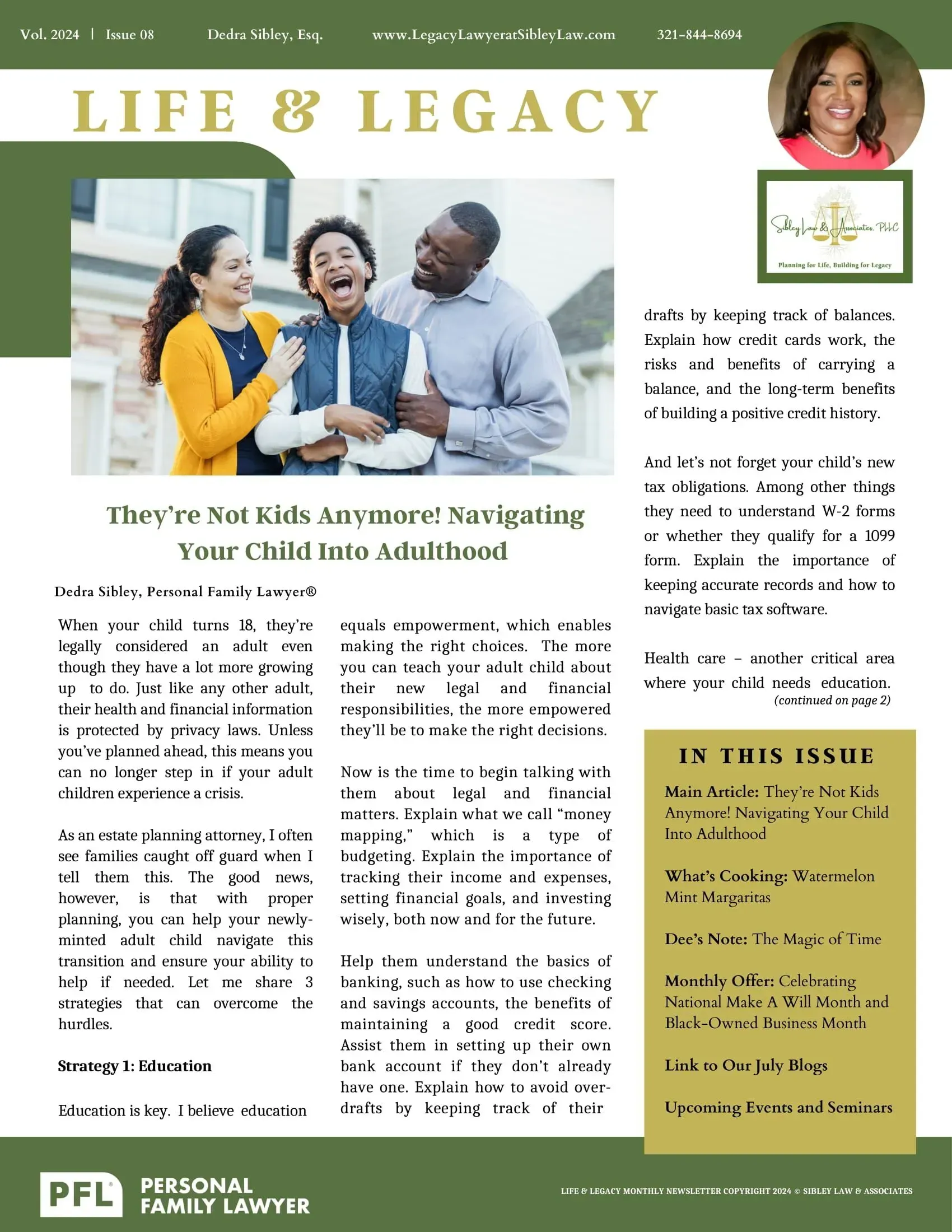 A newspaper article about life and legacy with a picture of a family.