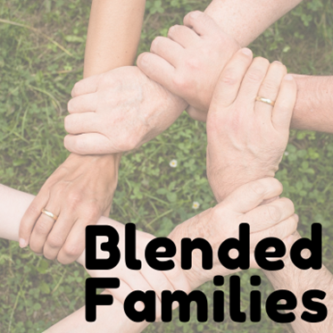 A group of people putting their hands together with the words blended families below them