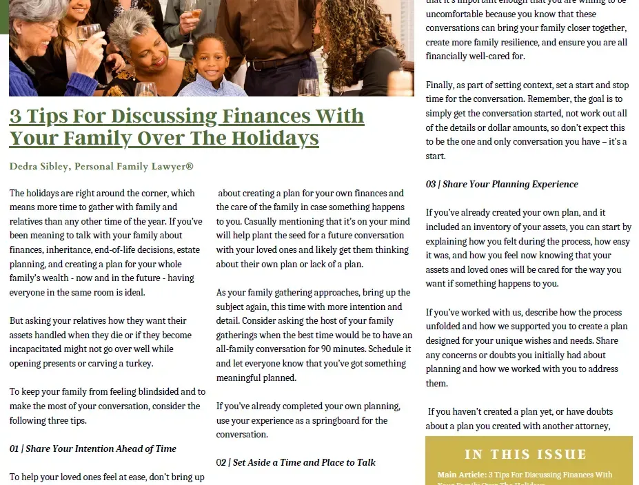 A newspaper article about discussing finances with your family over the holidays.