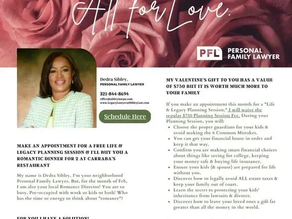An advertisement for a personal family lawyer with a picture of a woman