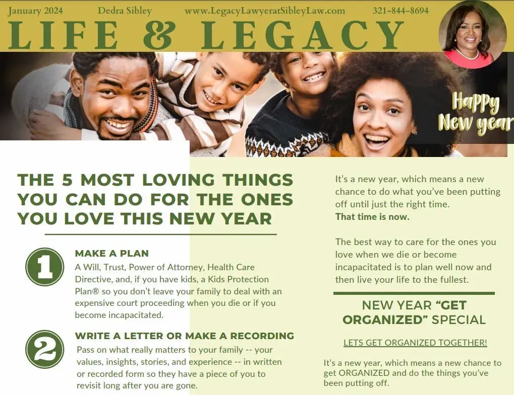 A flyer titled life & legacy with a picture of a family