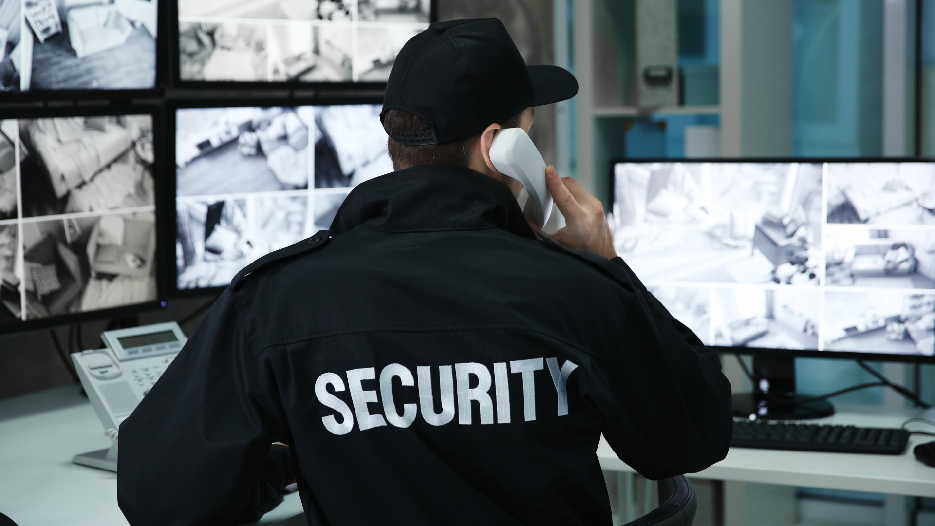 A security guard is talking on a cell phone in front of a computer monitor.