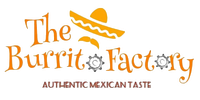 Logo for "The Burrito Factory" with sombrero and mustache; "Authentic Mexican Taste" below.