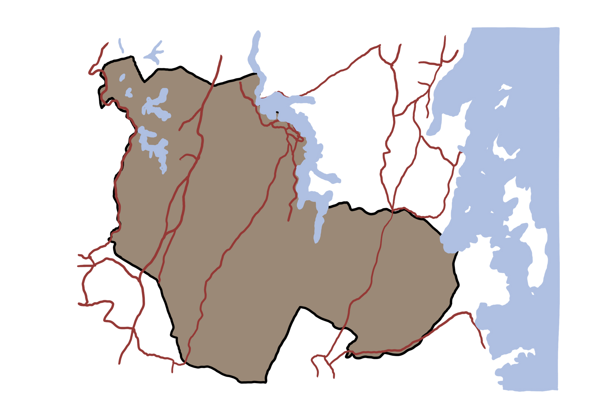 A map of a country with roads and rivers