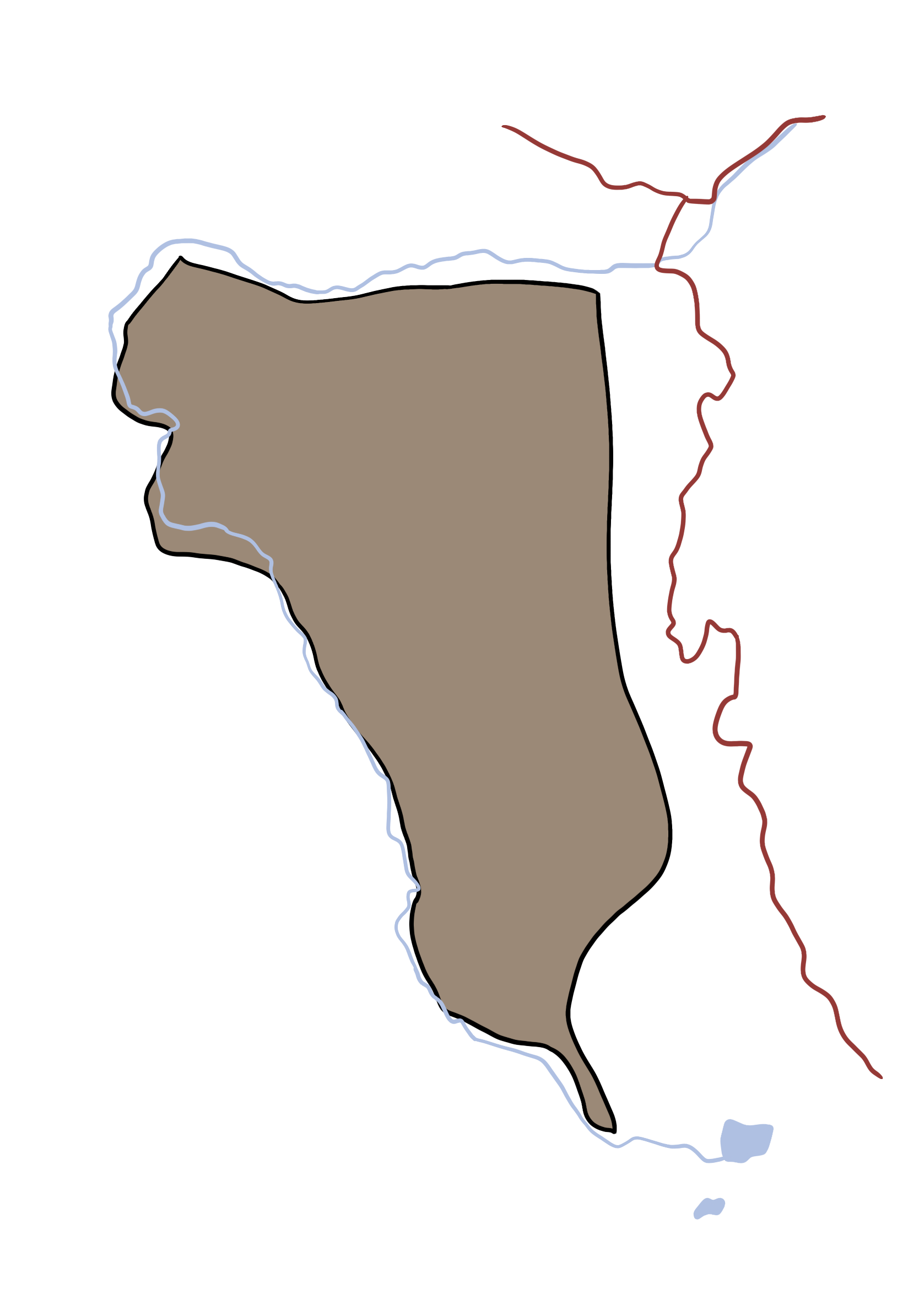 A map of a country with a river running through it